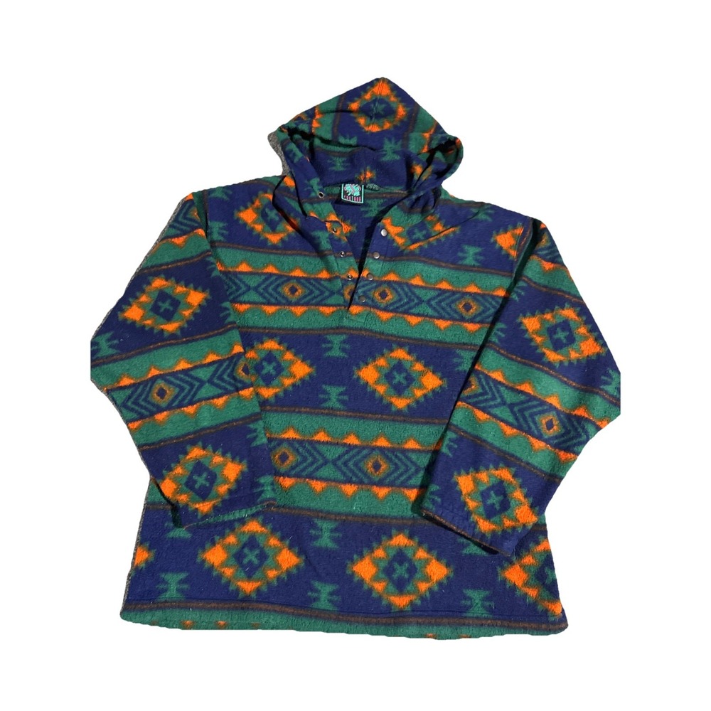 Vintage 90s Santana Fleece Hoodie L Southwest Aztec Geometric Pullover